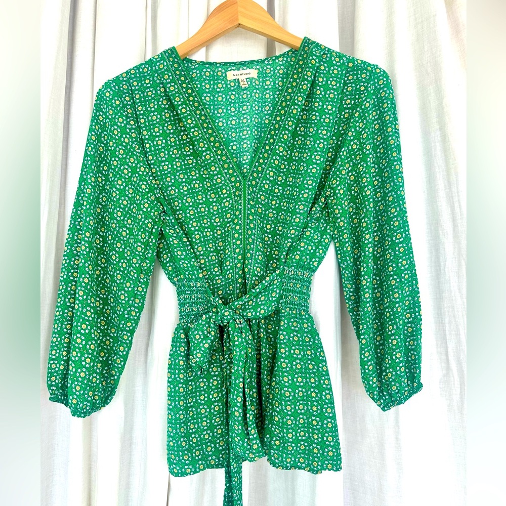 MAX STUDIO BOHO Peplum Silhouette Crepe Blouse w/Sash-tie & 3/4 length Sleeve